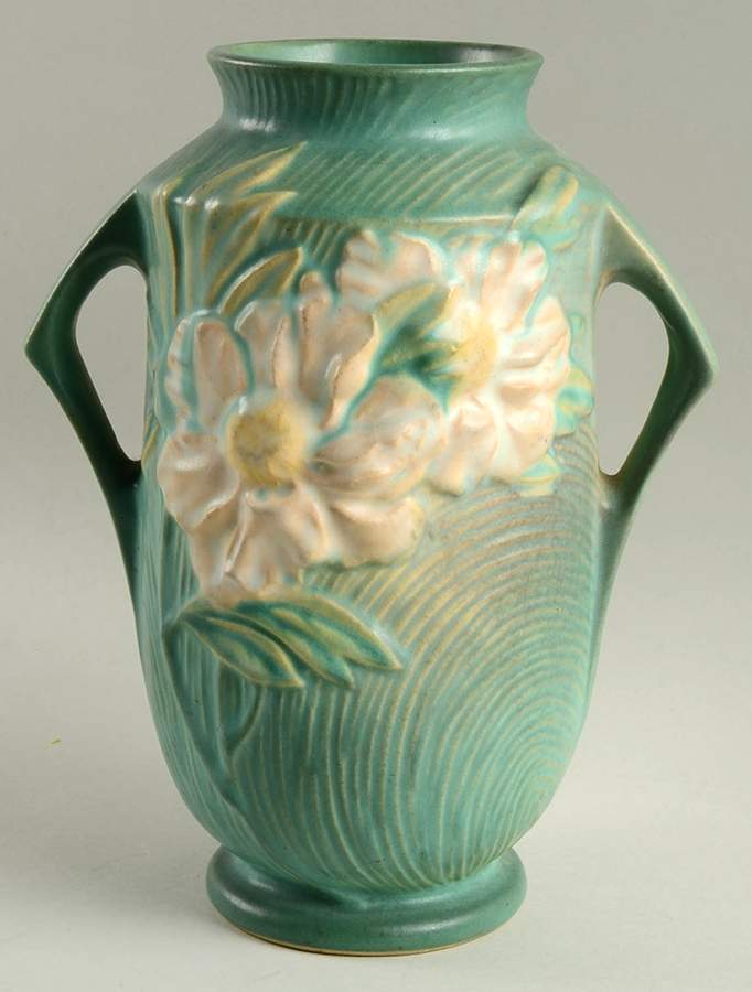 Peony Nile Green 9" Handled Vase by Roseville-1
