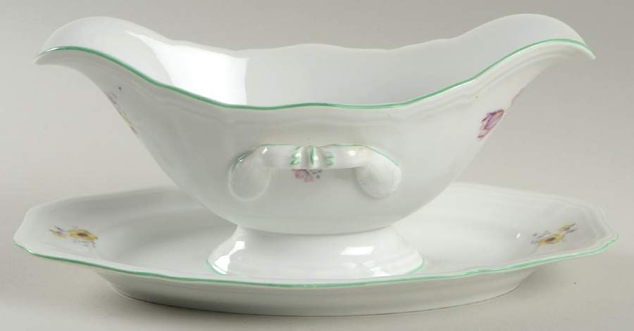 2664 (Chippendale, White, Green Trim) Gravy Boat with Attached Underplate by Rosenthal - Continental-1
