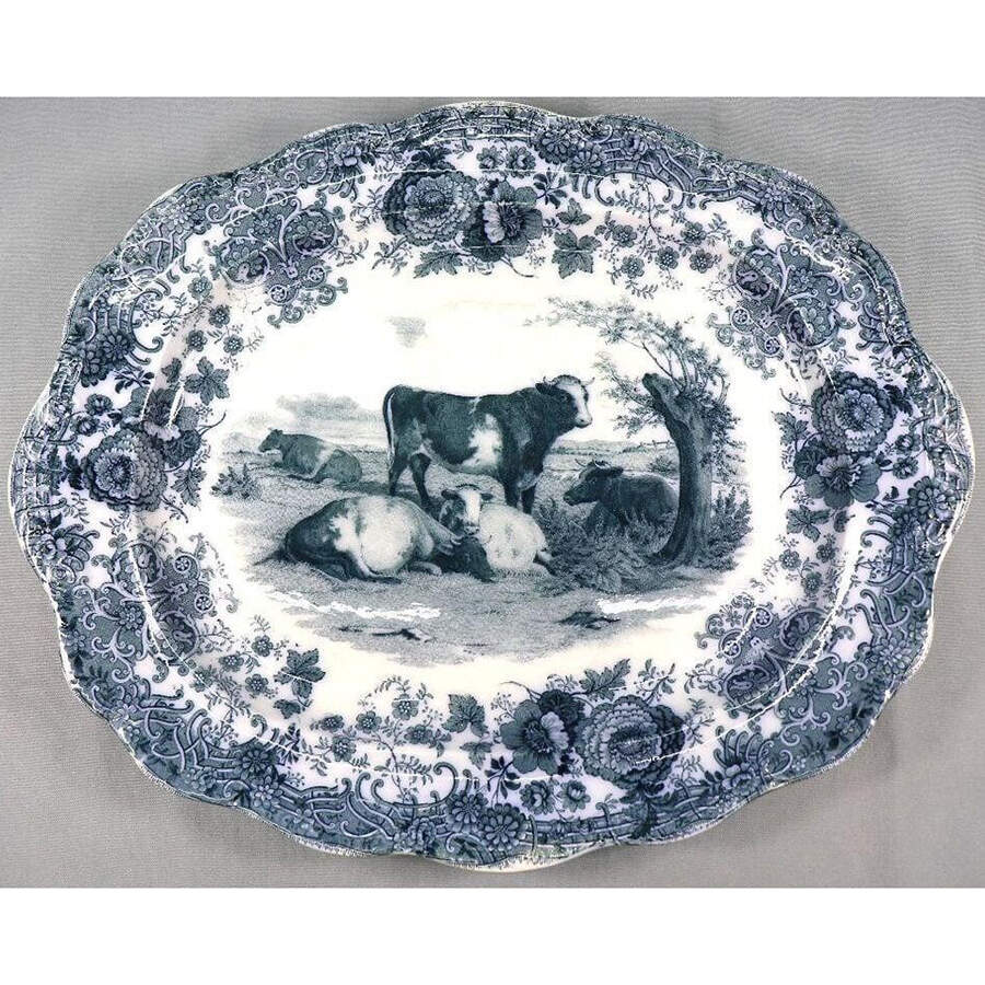 Cows (Blue Transferware) 22" Oval Serving Platter by Ridgway (Ridgways)-1