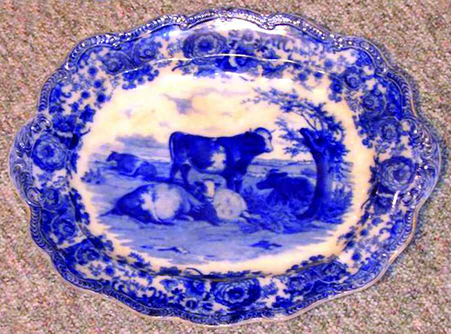 Cows (Blue Transferware) 19" Oval Serving Platter by Ridgway (Ridgways)-1