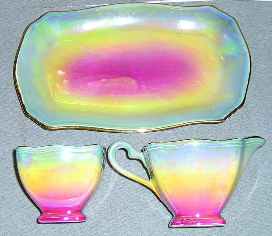Lustreware Blue Yellow Pink Creamer & Open Sugar with Tray by Royal Winton-1