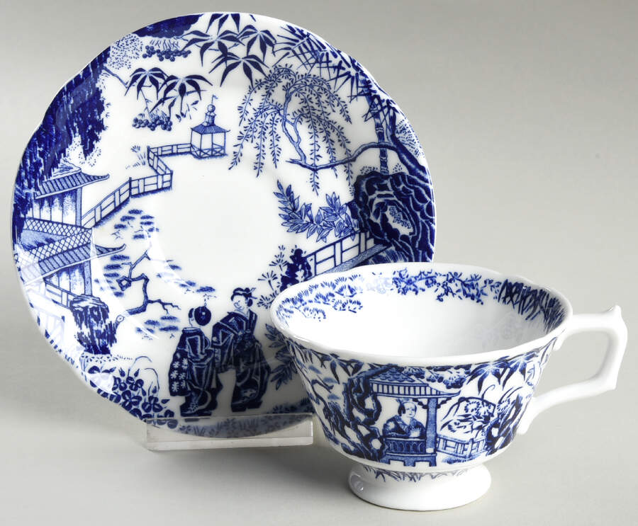 Blue Mikado (No Trim) Footed Cup & Saucer Set by Royal Crown Derby-1
