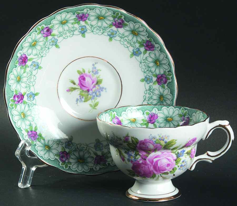4866 Blue Green Footed Cup & Saucer Set by Rosina-Queens-1