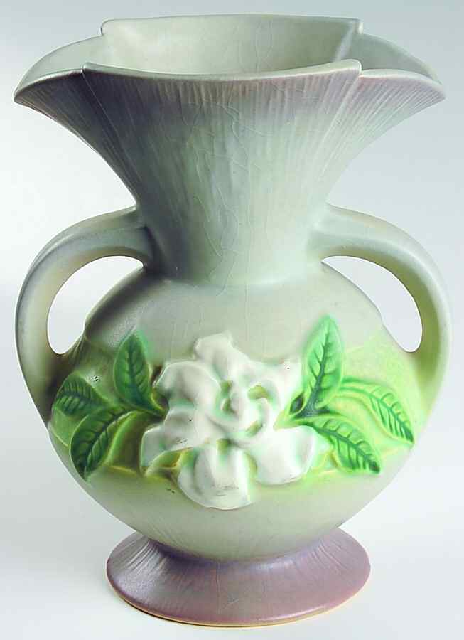 Gardenia Silver Haze Gray 8" Flared, Handled, Footed Vase by Roseville-1