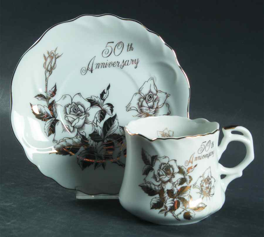 50th Anniversary Flat Cup & Saucer Set by Royal Crown (Japan)-1