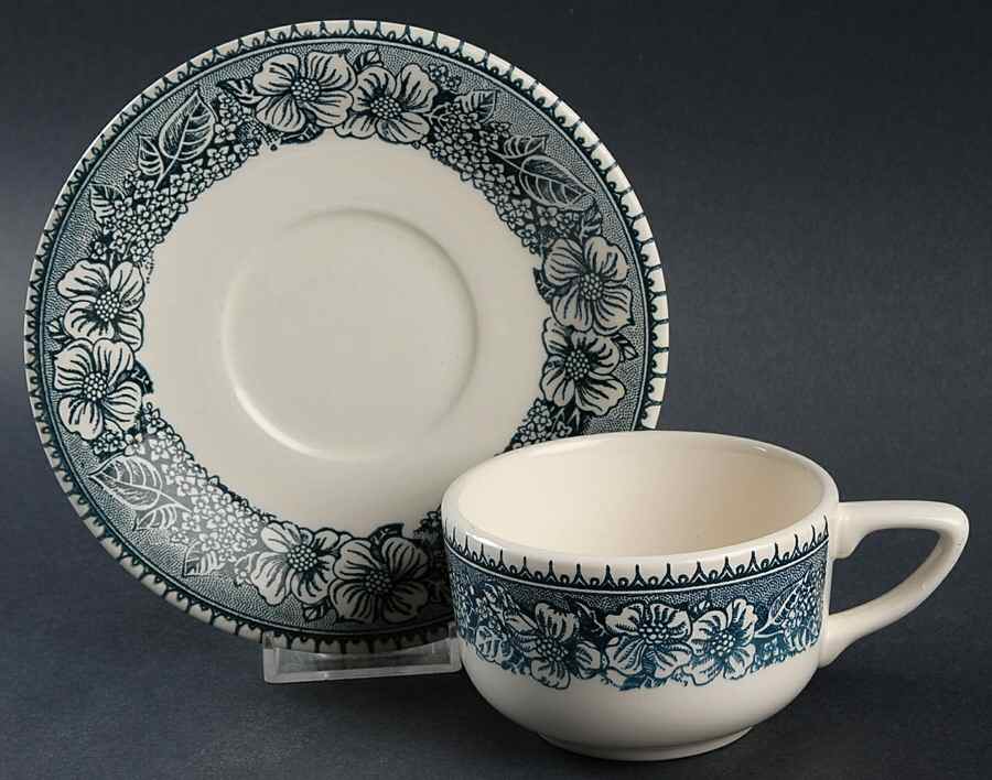 Pilgrim Blue Gray Flat Cup & Saucer Set by Royal (USA)-1