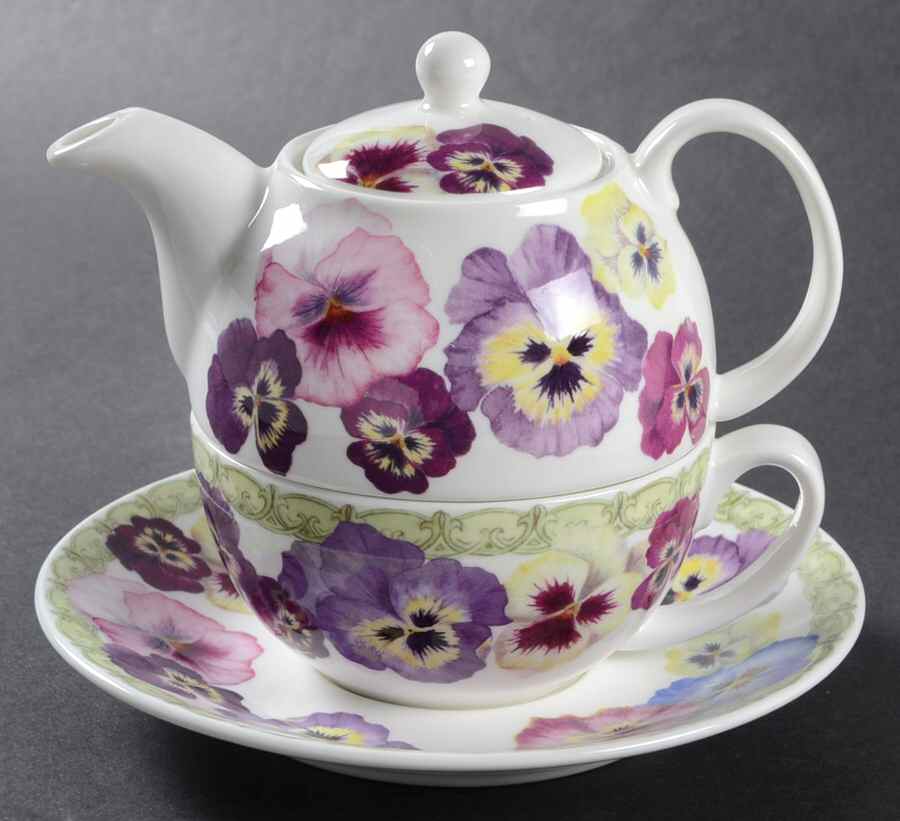 Pansy Tea for One (Stacking Teapot w/Cup & Saucer) by Roy Kirkham-1