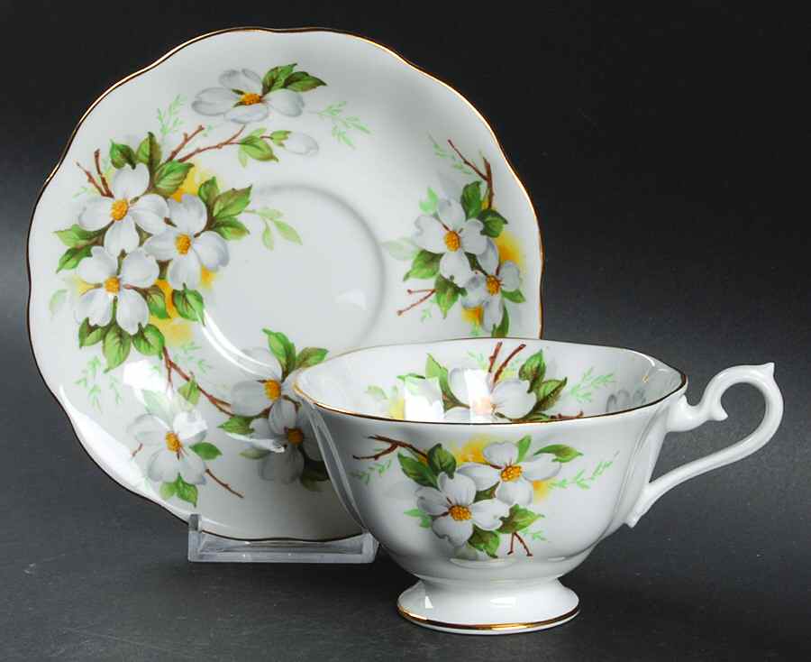 White Dogwood (Solid Gold Trim Footed Cup & Saucer Set by Royal Albert-1
