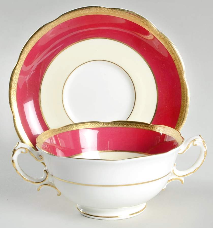 Yarborough Ivory and Burgundy (Scalloped) Footed Cream Soup Bowl & Saucer Set by Royal Swansea-1