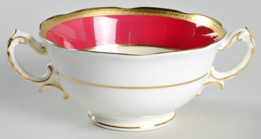 Yarborough Ivory and Burgundy (Scalloped) Footed Cream Soup Bowl by Royal Swansea-1