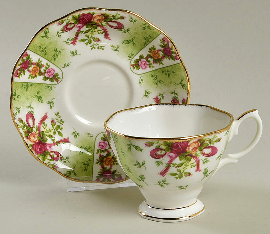 Old Country Roses (Green Damask) Footed Cup & Saucer Set by Royal Albert-1