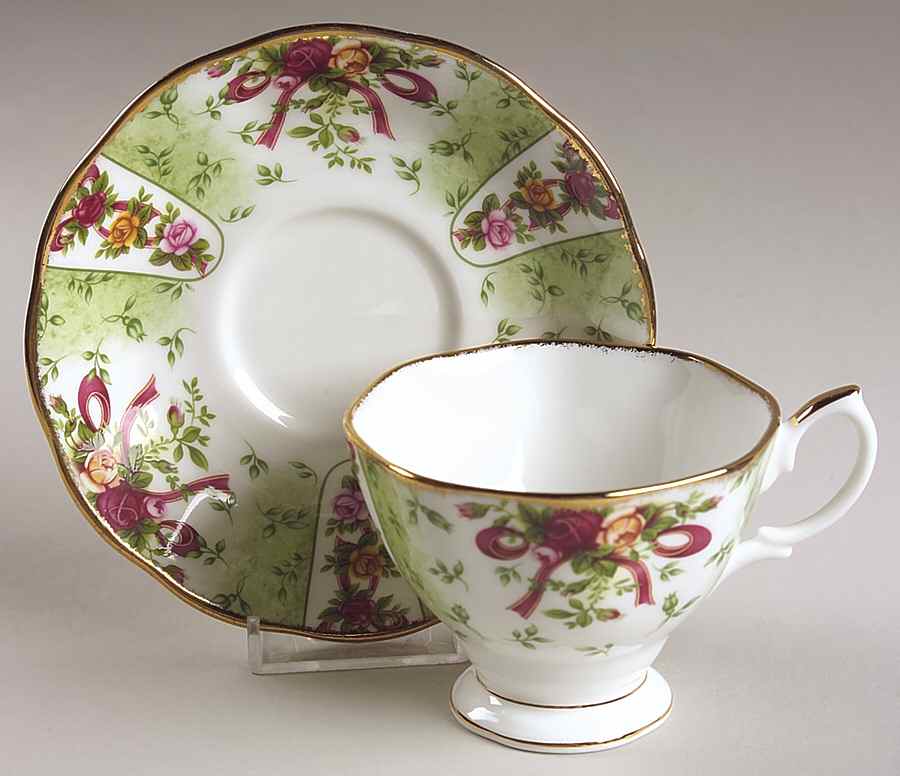 Old Country Roses (Green Damask) Footed Cup & Saucer Set by Royal Albert-1