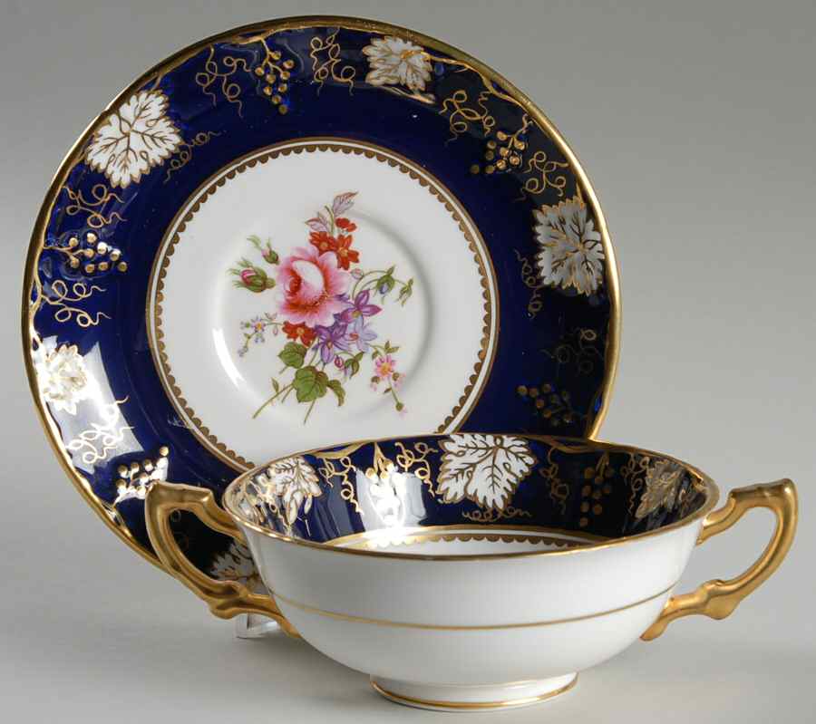 Vine Cobalt (Floral Center) Footed Cream Soup Bowl & Saucer Set by Royal Crown Derby-1