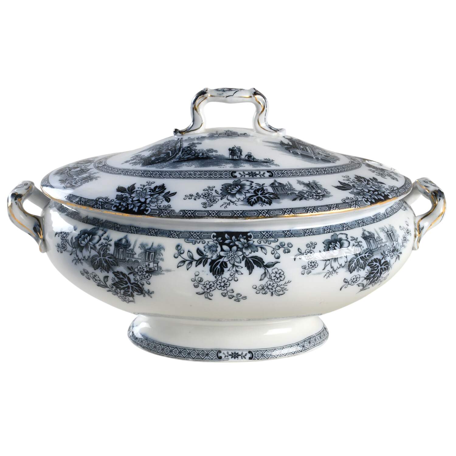 Madras (Flow Blue, Gold Trim) Tureen &  Lid by Royal Doulton-1