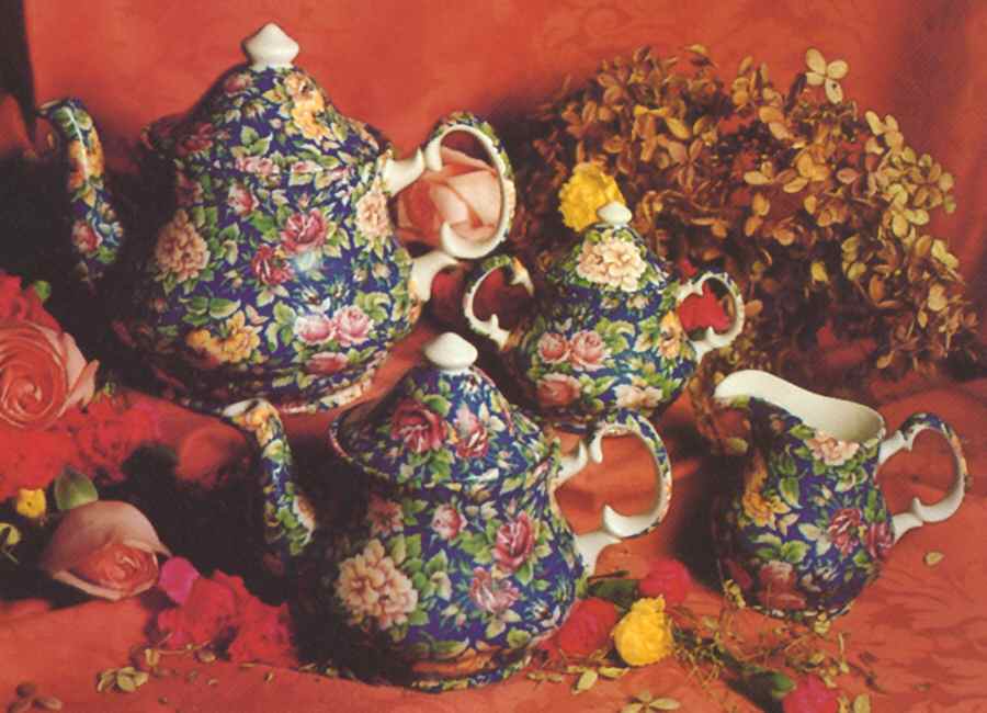 Victorian Chintz Blue Teapot & Lid by Royal Crownford-1
