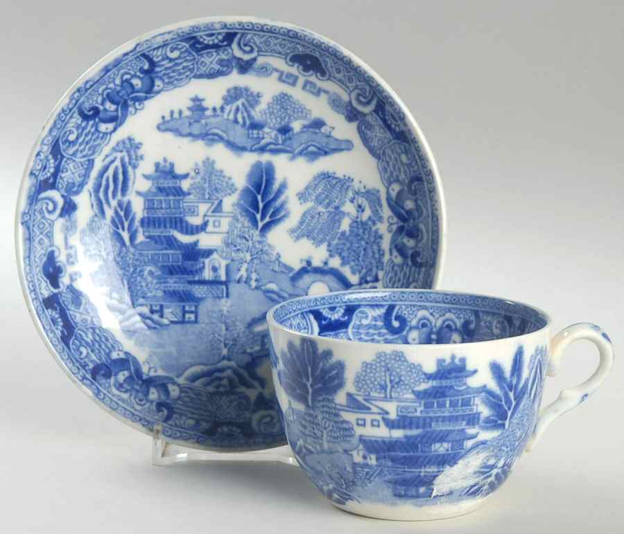 Willow Blue (No Birds, Diamond Stamp) Flat Cup & Saucer Set by Ridgway (Ridgways)-1
