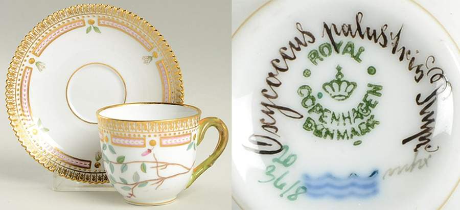 Flora Danica (1790 To 1960) Flat Demitasse Cup & Saucer-Oxycoccus palustris Ru by Royal Copenhagen-1