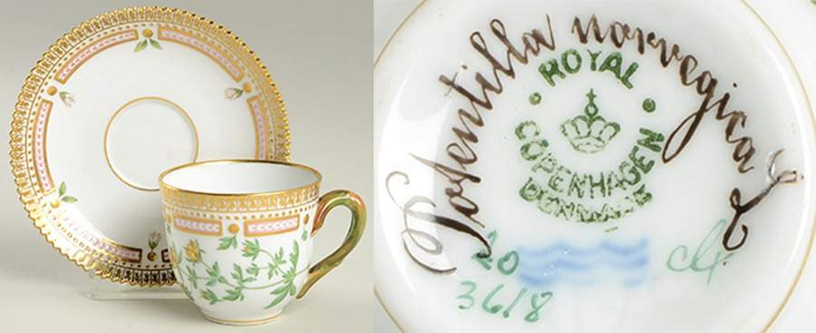 Flora Danica (1790 To 1960) Flat Demitasse Cup & Saucer-Potentilla norvegica L by Royal Copenhagen-1