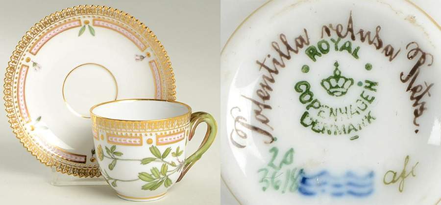 Flora Danica (1790 To 1960) Flat Demitasse Cup & Saucer-Potentilla retusa Rets by Royal Copenhagen-1