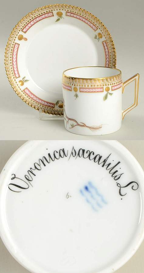 Flora Danica (1790 To 1960) Chocolate Cup & Serrated Saucer-Veronica saxatilis by Royal Copenhagen-1