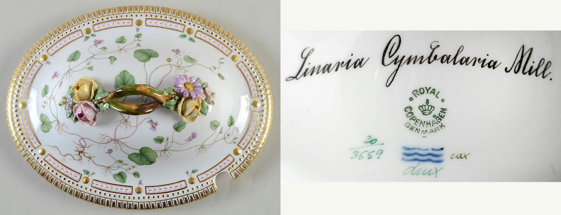 Flora Danica (1790 To 1960) Lid for 4 Quart Oval Tureen-Linaria Cymbalaria by Royal Copenhagen-1