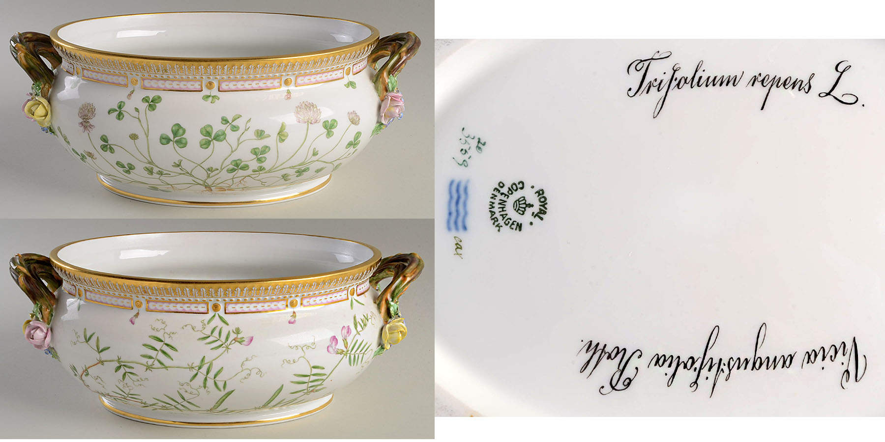 Flora Danica (1790 To 1960) 4Qt Oval Tureen No Lid-Vicia angust,Trifolium repe by Royal Copenhagen-1