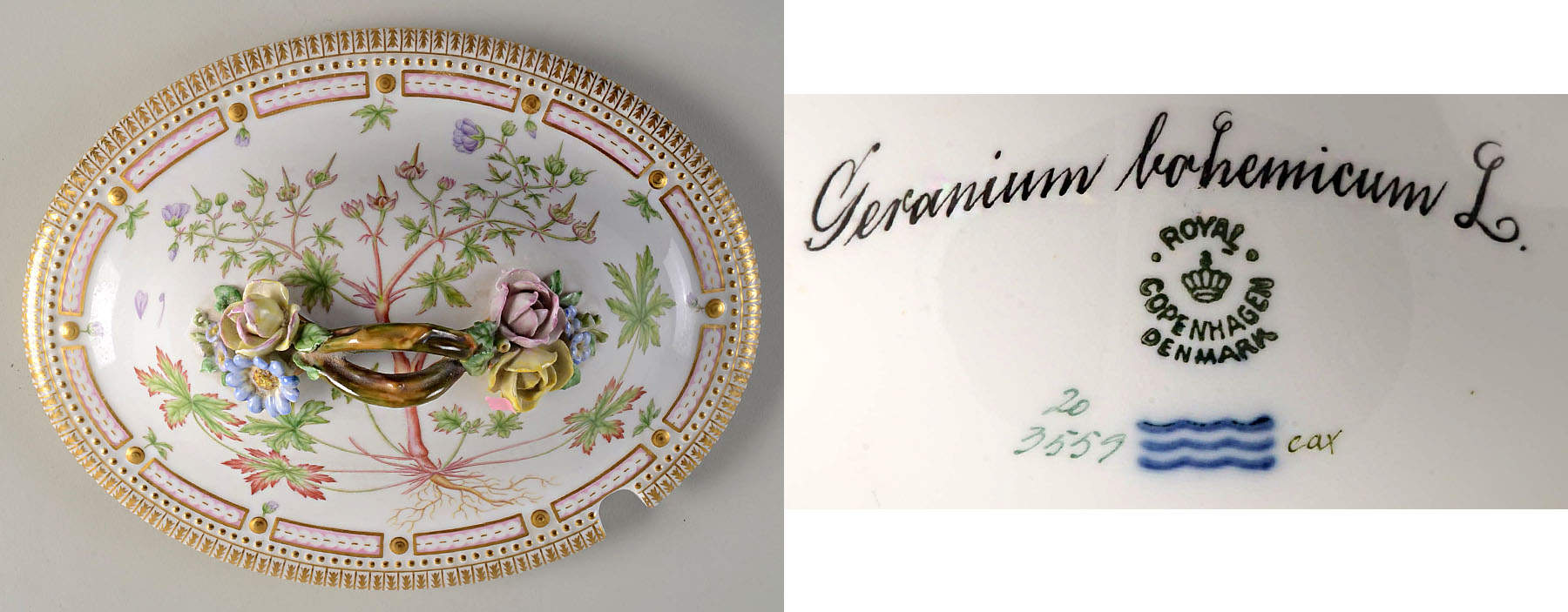 Flora Danica (1790 To 1960) Lid for 4 Qt Oval Tureen Geranium bohemicum L. by Royal Copenhagen-1