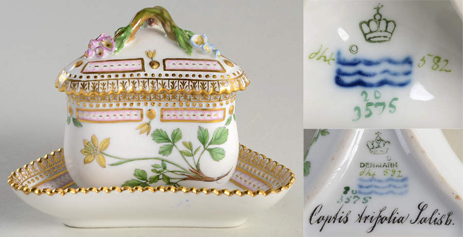 Flora Danica (1790 To 1960) Triangular Custard Cup, Saucer & Lid-Coptis trifol by Royal Copenhagen-1