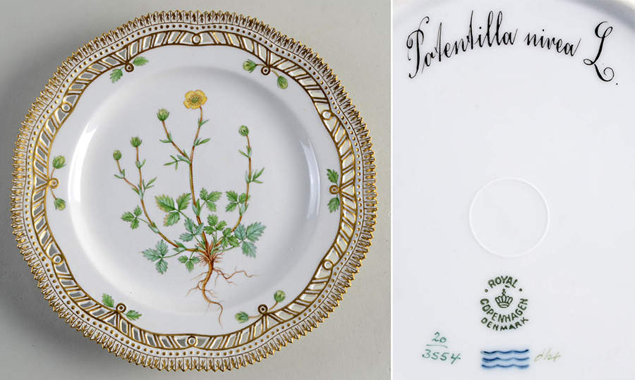Flora Danica (1790 To 1960) 9" Pierced Luncheon Plate/Fruit Std-Potentilla nir by Royal Copenhagen-1