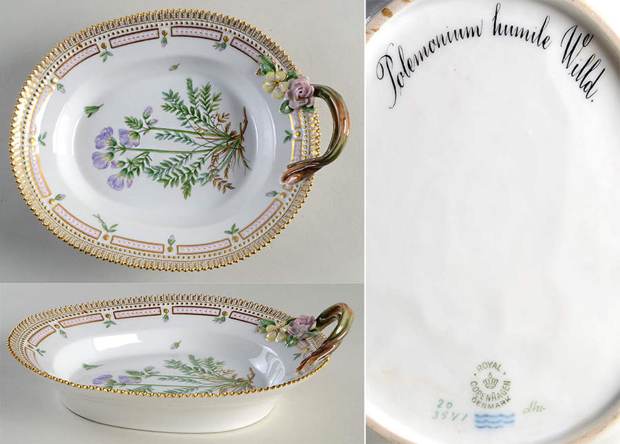 Flora Danica (1790 To 1960) 9" Oval Handled Pickle/Accent-Polemonum huite Will by Royal Copenhagen-1