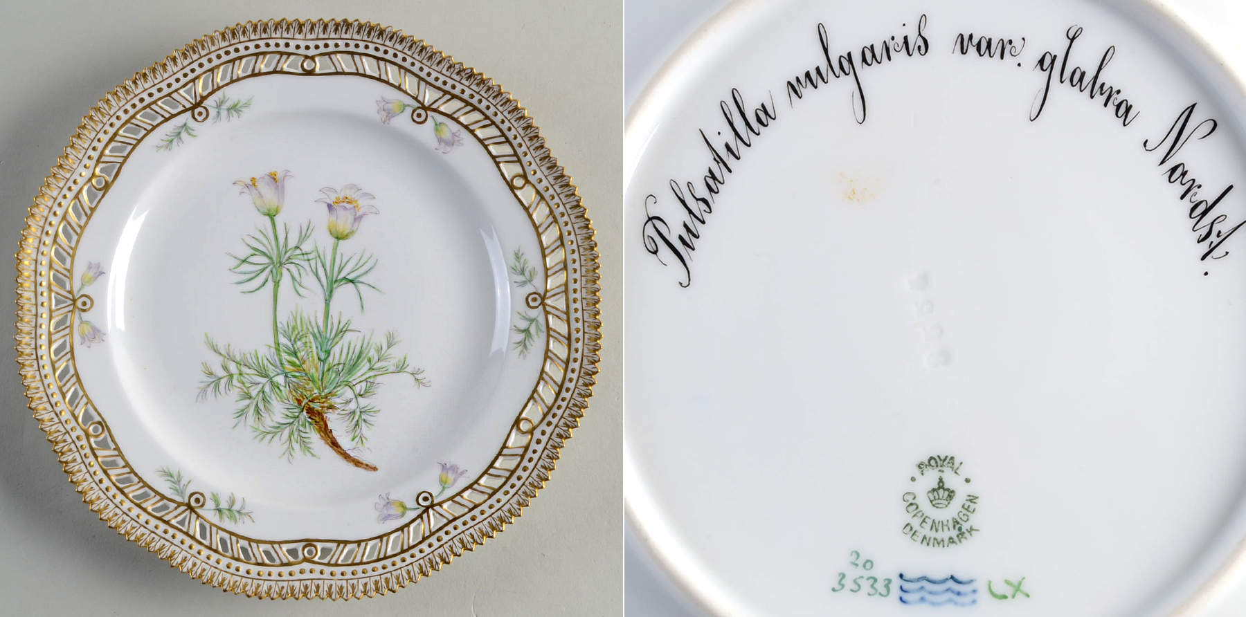 Flora Danica (1790 To 1960) 9" Pierced Luncheon Plate/Fruit Std-Pulsatilla vul by Royal Copenhagen-1