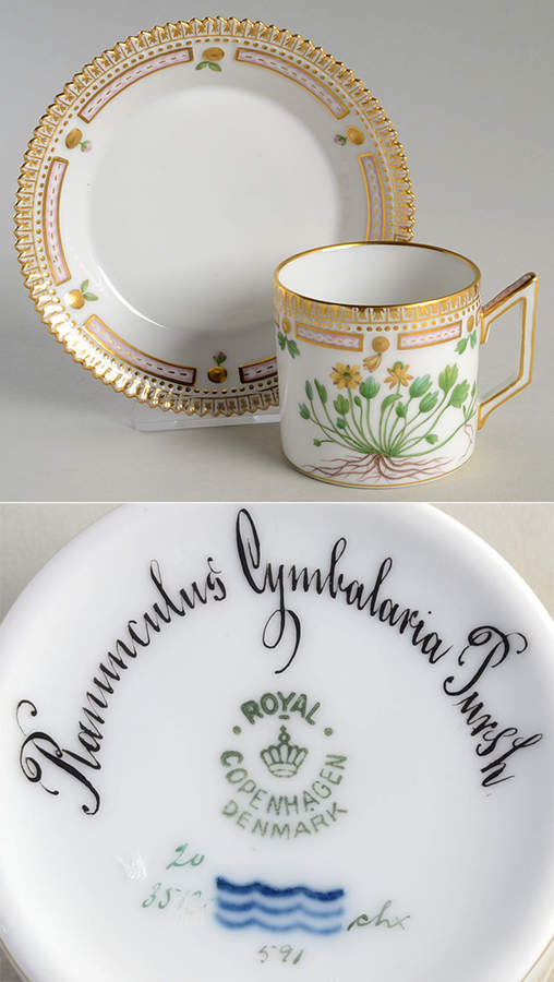 Flora Danica (1790 To 1960) Chocolate Cup & Serrated Saucer-Ranunculus cymbala by Royal Copenhagen-1