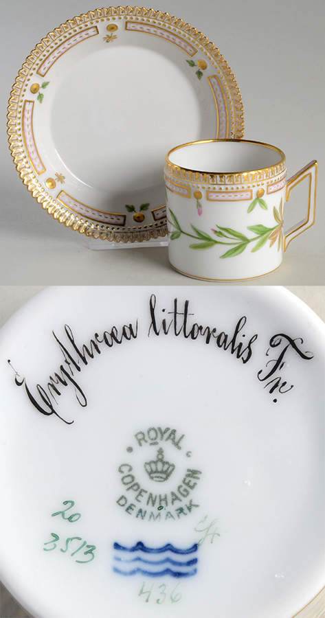 Flora Danica (1790 To 1960) Chocolate Cup & Serrated Saucer-Erythroea littoral by Royal Copenhagen-1