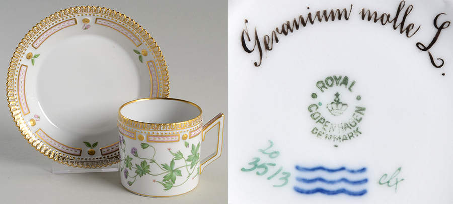 Flora Danica (1790 To 1960) Chocolate Cup & Serrated Saucer-Geranium molle L. by Royal Copenhagen-1