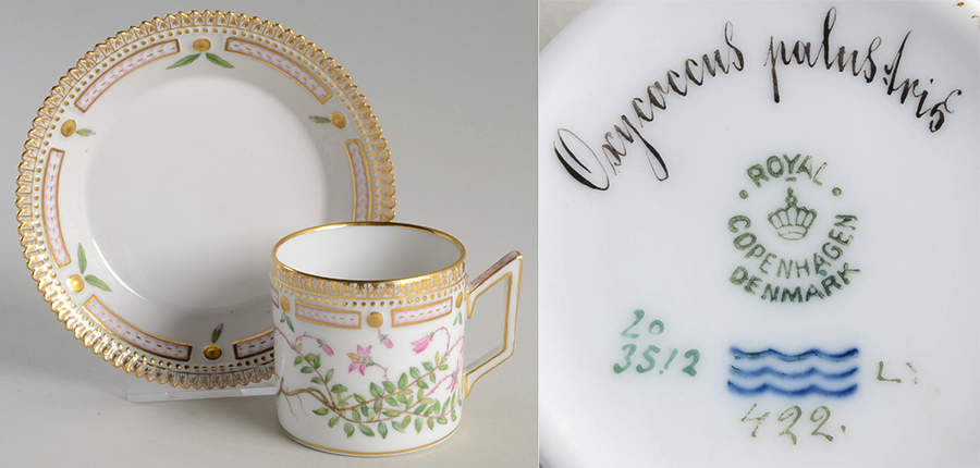 Flora Danica (1790 To 1960) Chocolate Cup & Serrated Saucer-Oxycoecus palustri by Royal Copenhagen-1