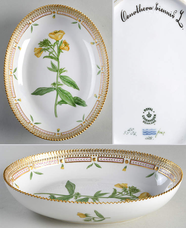 Flora Danica (1790 To 1960) 9" Oval Salad Serving Bowl-Oenothera biennis L by Royal Copenhagen-1