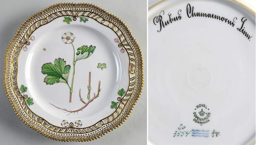 Flora Danica (1790 To 1960) 9" Pierced Luncheon Plate/Fruit Std-Rubus Chamae by Royal Copenhagen-1