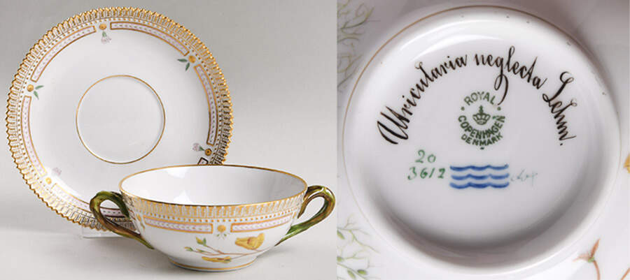 Flora Danica (1790 To 1960) Flat Cream Soup & Saucer-Utricularia neglecta Lehm by Royal Copenhagen-1