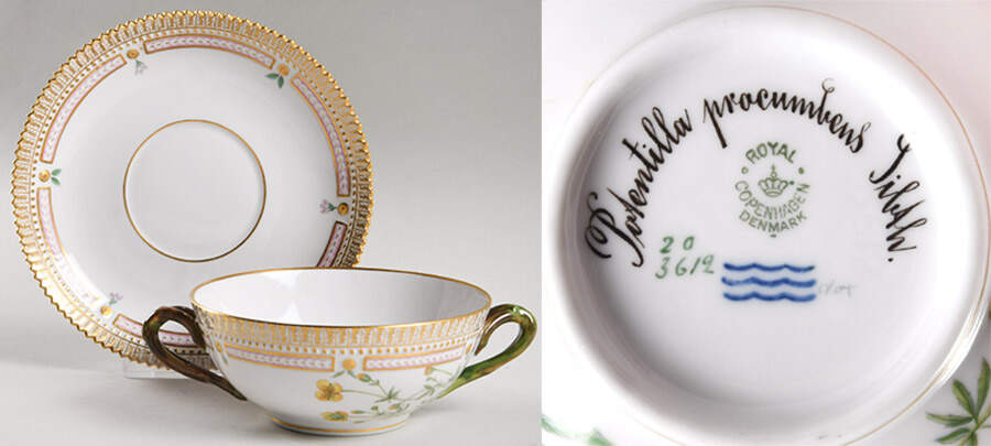 Flora Danica (1790 To 1960) Flat Cream Soup & Saucer-Potentilla procumbens Sib by Royal Copenhagen-1