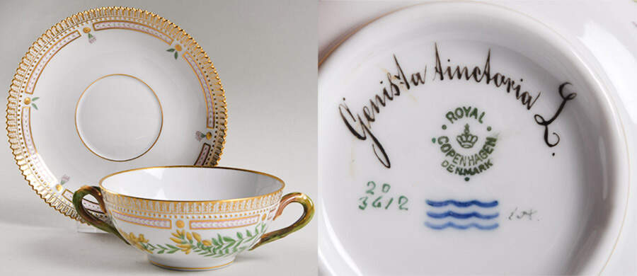 Flora Danica (1790 To 1960) Flat Cream Soup & Saucer-Genista tinctoria L by Royal Copenhagen-1