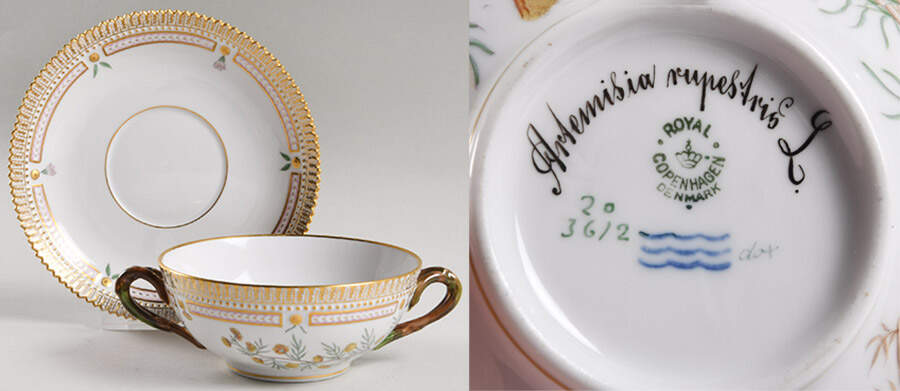 Flora Danica (1790 To 1960) Flat Cream Soup & Saucer-Artemisia rupestris L. by Royal Copenhagen-1