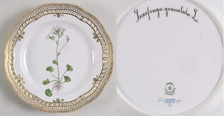 Flora Danica (1790 To 1960) 10" Pierced Dinner Plate/Fruit Std-Saxofraga granu by Royal Copenhagen-1