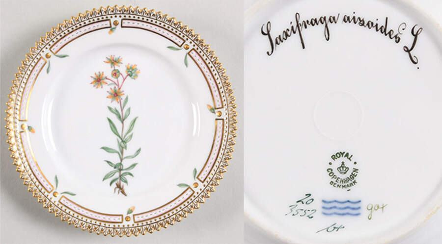 Flora Danica (1790 To 1960) Bread & Butter Plate-Saxifraga aizoides L. by Royal Copenhagen-1
