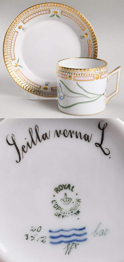 Flora Danica (1790 To 1960) Chocolate Cup & Smooth Saucer-Scilla verna L. by Royal Copenhagen-1