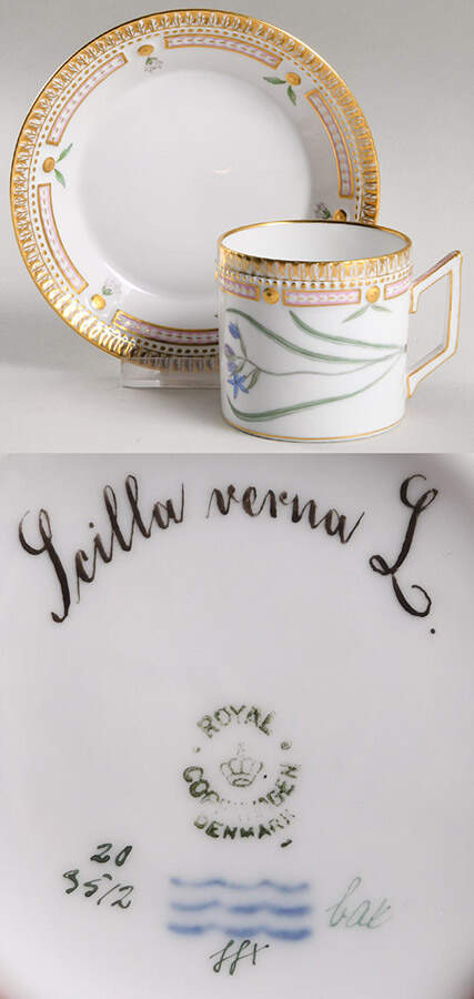 Flora Danica (1790 To 1960) Chocolate Cup & Smooth Saucer-Scilla verna L. by Royal Copenhagen-1