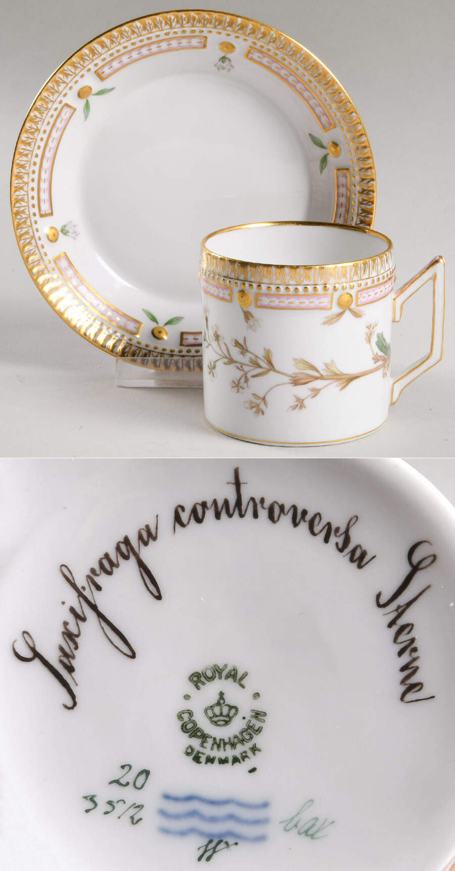 Flora Danica (1790 To 1960) Chocolate Cup & Smooth Saucer-Saxifraga controvers by Royal Copenhagen-1