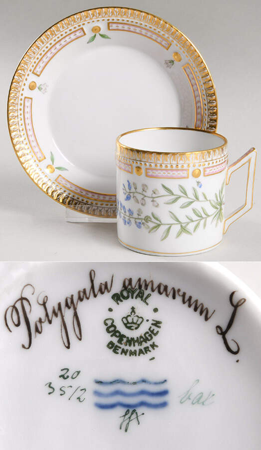 Flora Danica (1790 To 1960) Chocolate Cup & Smooth Saucer-Polygala amarum L by Royal Copenhagen-1