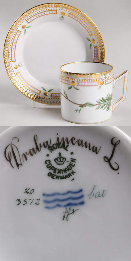 Flora Danica (1790 To 1960) Chocolate Cup & Smooth Saucer-Draba incana L. by Royal Copenhagen-1