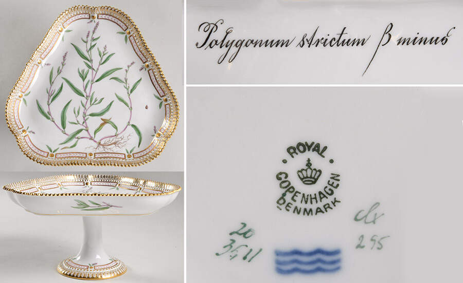 Flora Danica (1790 To 1960) Triangular High Foot Cake Plate-Polygonum strictum by Royal Copenhagen-1