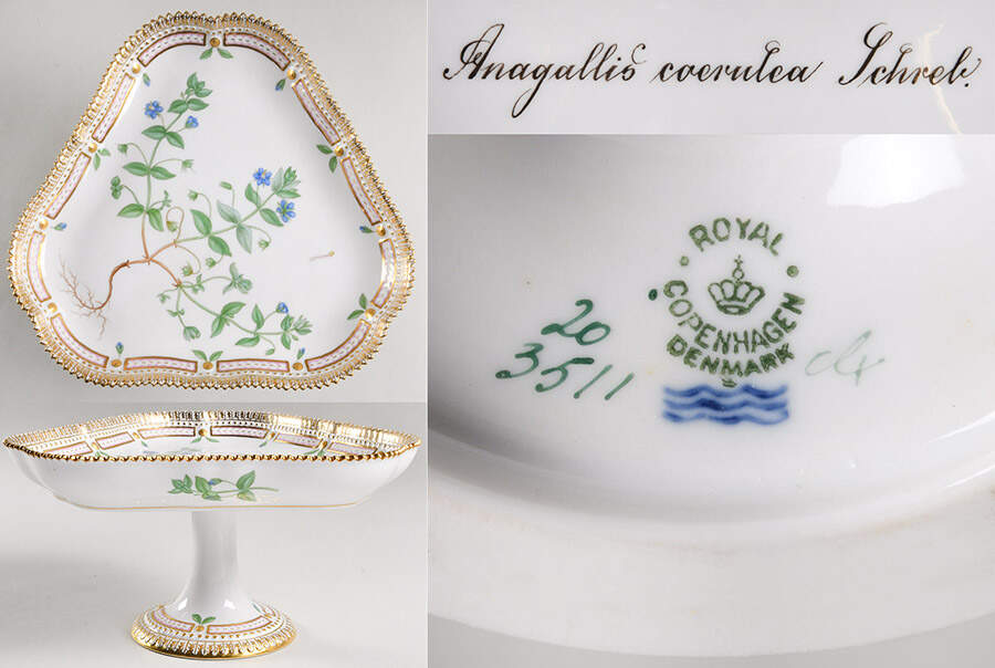 Flora Danica (1790 To 1960) Triangular High Foot Cake Plate-Anagallis coerulea by Royal Copenhagen-1